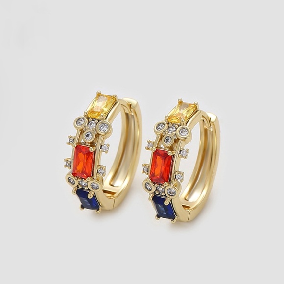 Hoop Earrings 14k Gold Plated Colorful Cz Zircon Luxury Jewelry - Picture 3 of 10